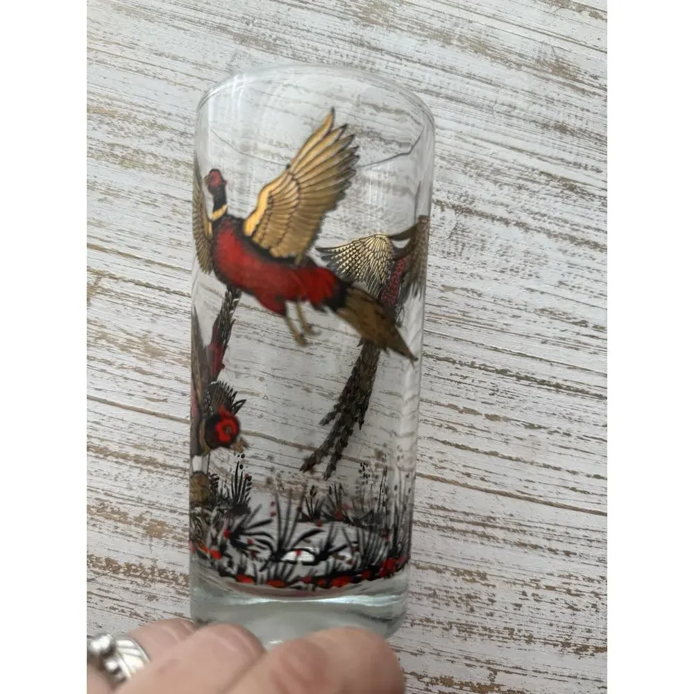 Vintage MCM Red Gold Ringneck Pheasant Tall Barware‎ Glass